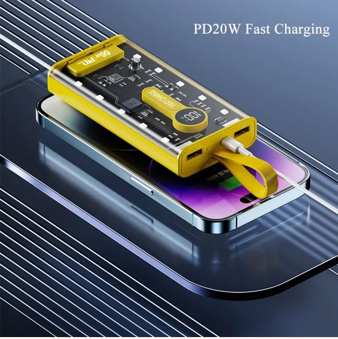 66W Super Fast Transparent Charge Power Bank 20000mAh For iPhone Android Auxiliary Battery With Led Lights