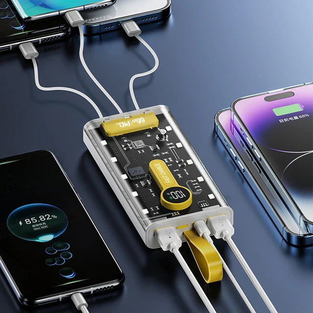 66W Super Fast Transparent Charge Power Bank 20000mAh For iPhone Android Auxiliary Battery With Led Lights
